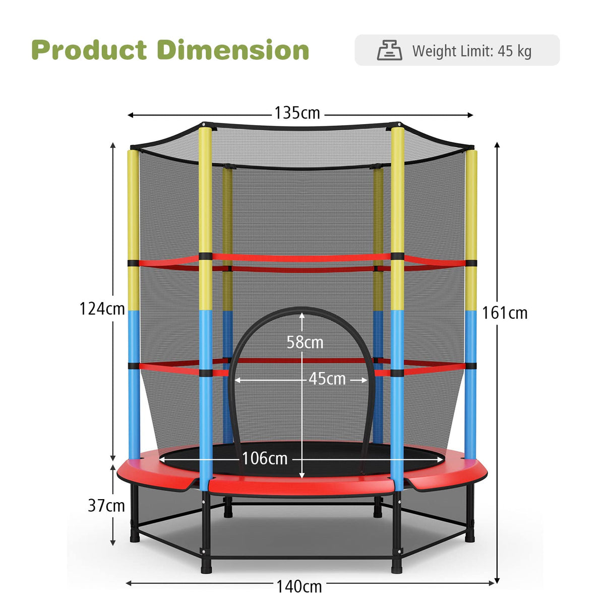 55 Inches Kids Trampoline with Safety Enclosure Net