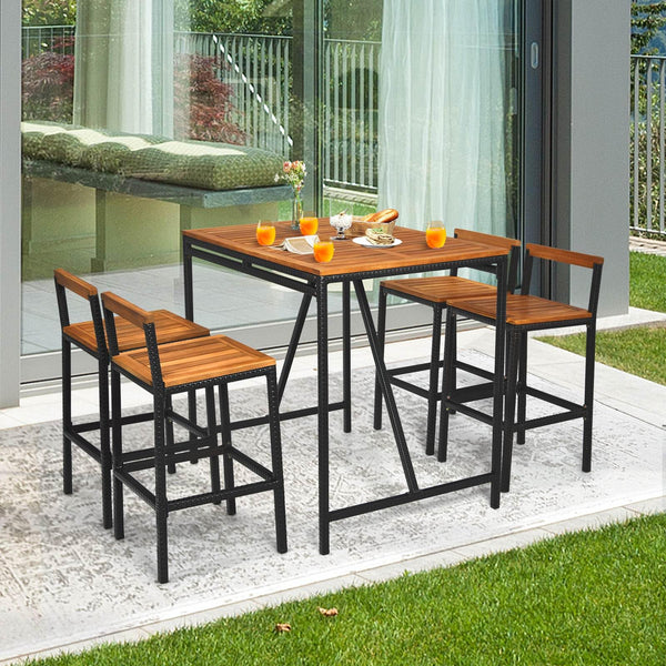 5-Piece Outdoor Acacia Wood and PE Rattan Bar Set