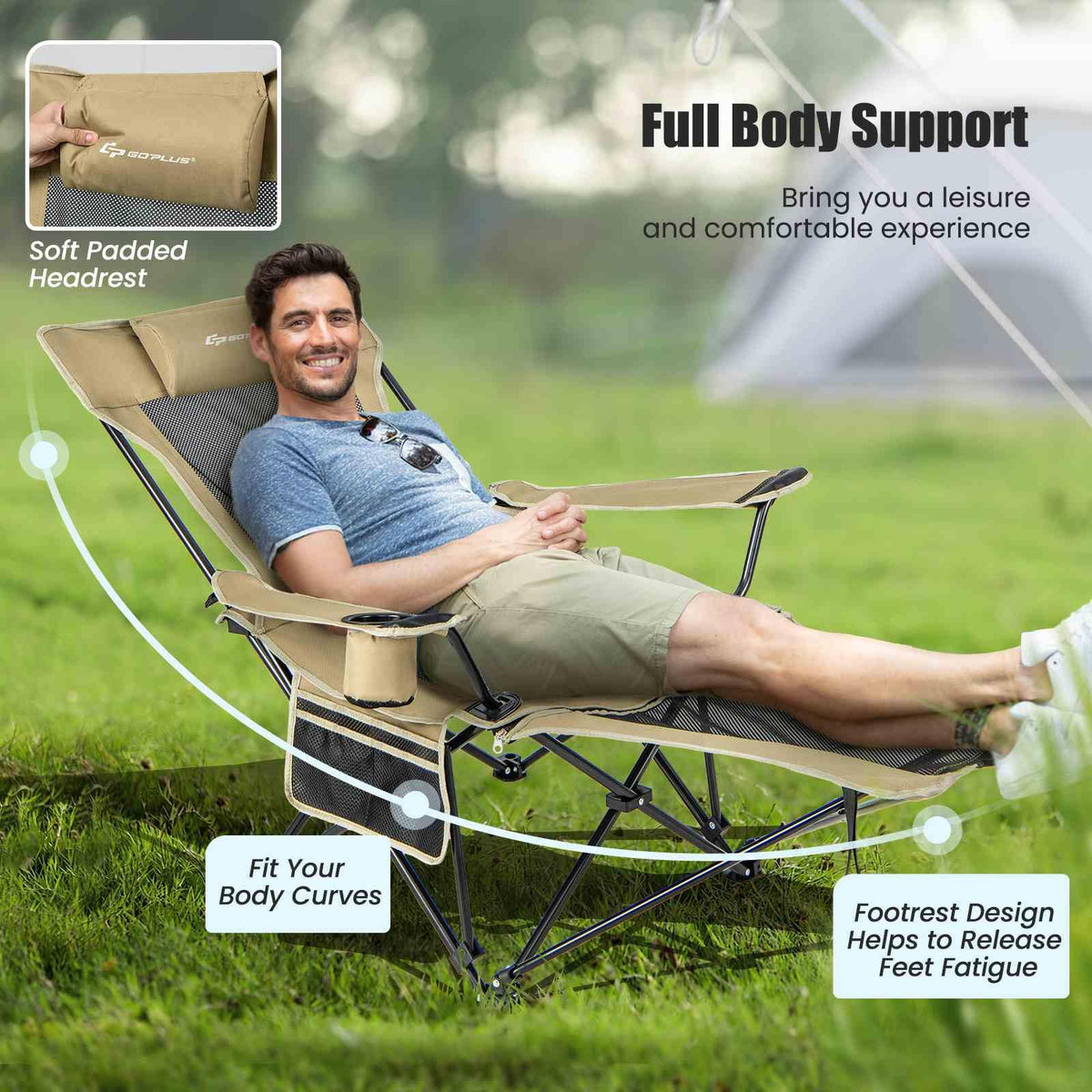 2 in 1 Folding Camping Lounge Chair with Detachable Footrest for Fishing Picnics