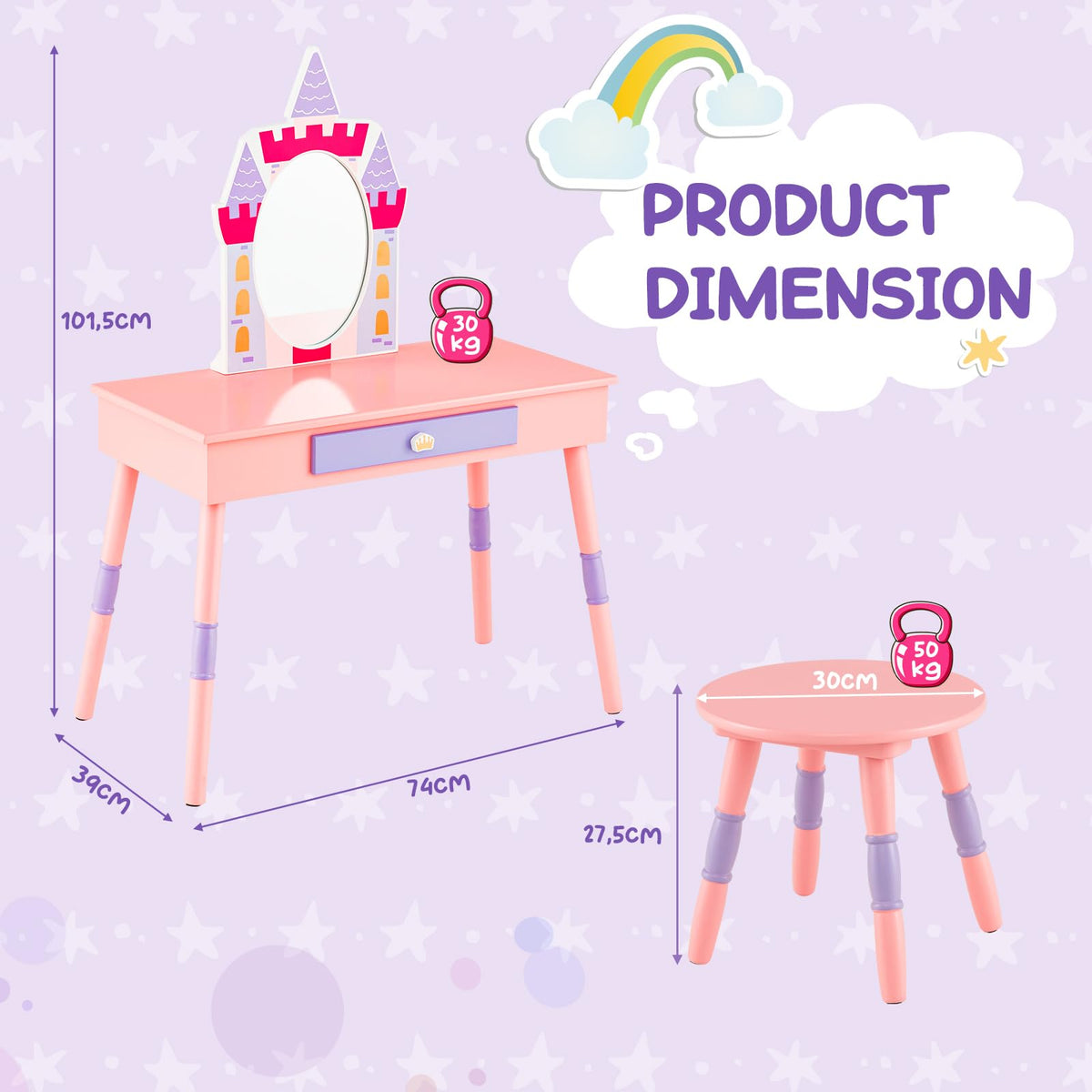 Princess Makeup Dressing Table with Drawer and Mirror-Pink