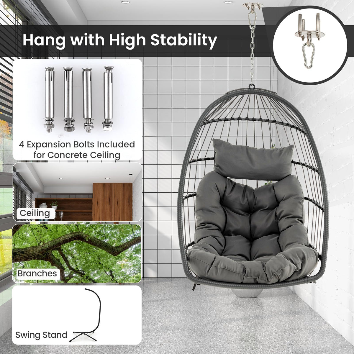 Hanging Egg Chair with Head Pillow & Large Seat Cushion (Without Chair Stand)