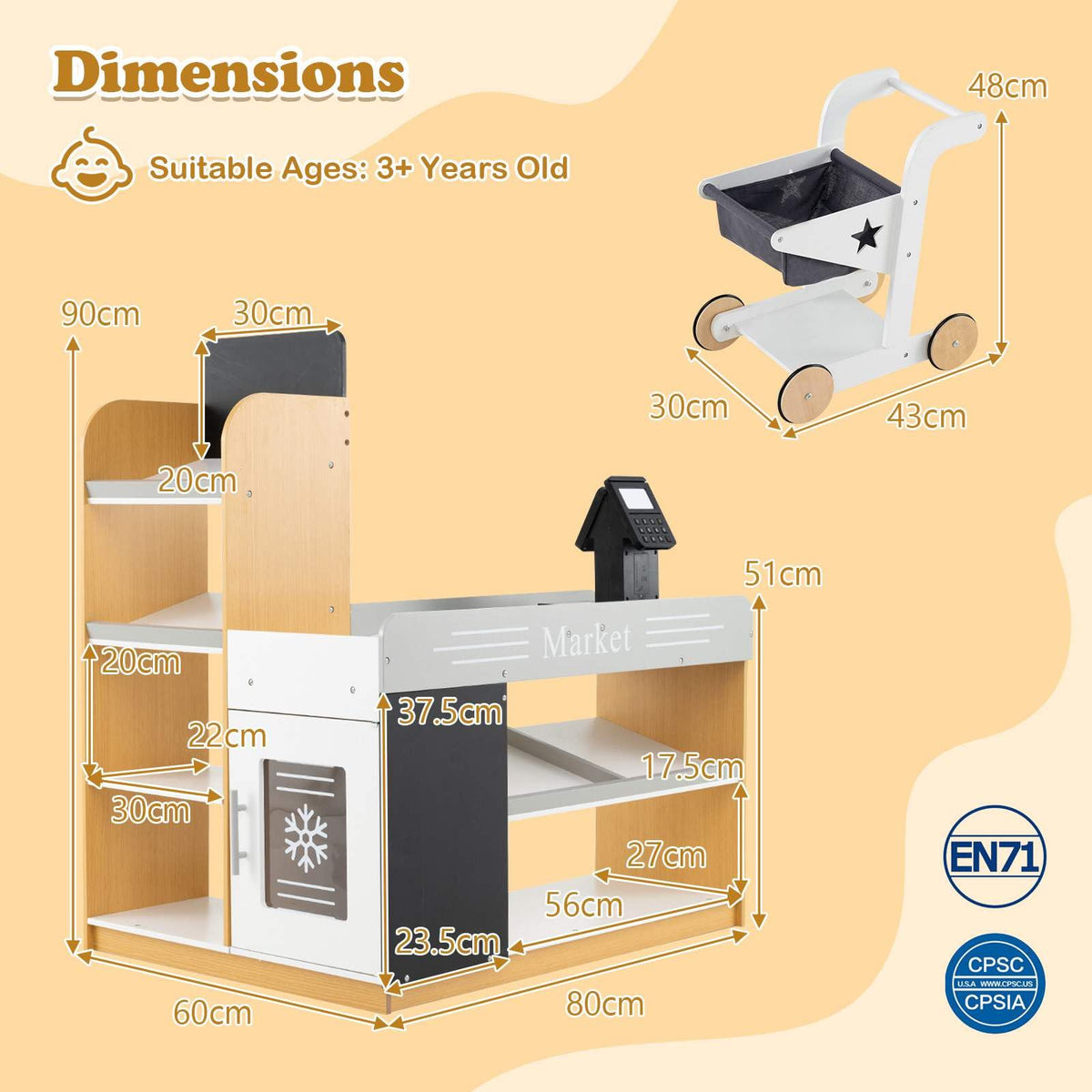 Pretend Play Grocery Store Set with Shopping Cart and 2 Chalkboards