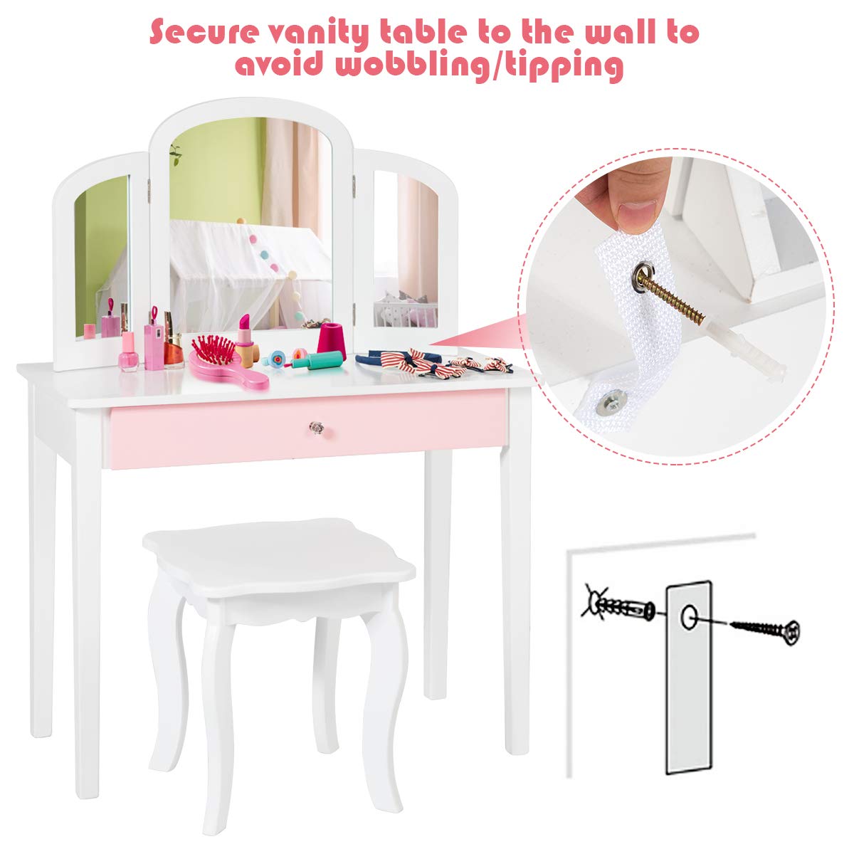 Kids Vanity Table and Chair Set, Princess Makeup Dressing Table with Drawer & Tri-Folding Mirror