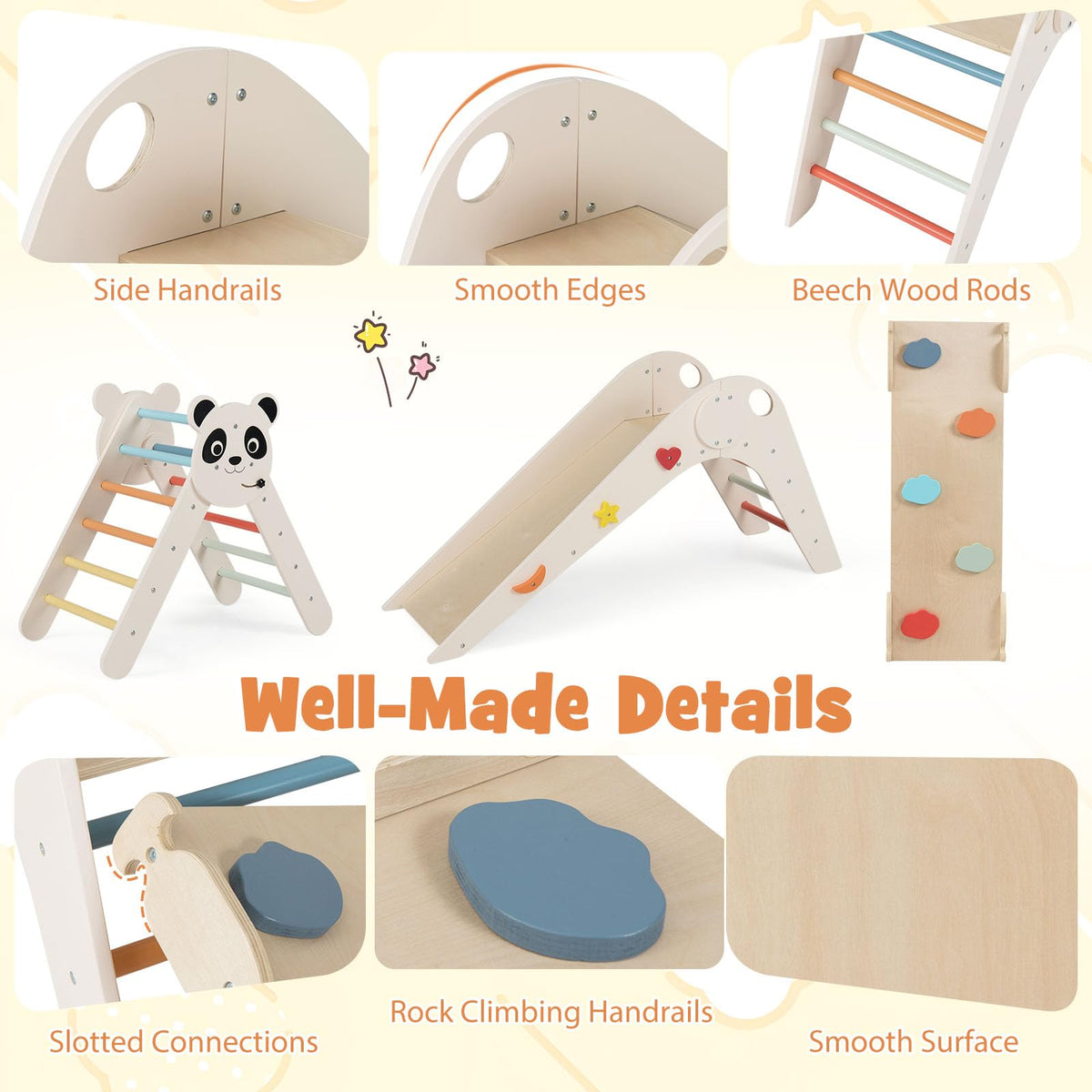 Foldable Panda-Themed Wood Montessori Climbing Set, Indoor Children Playground Jungle Gym