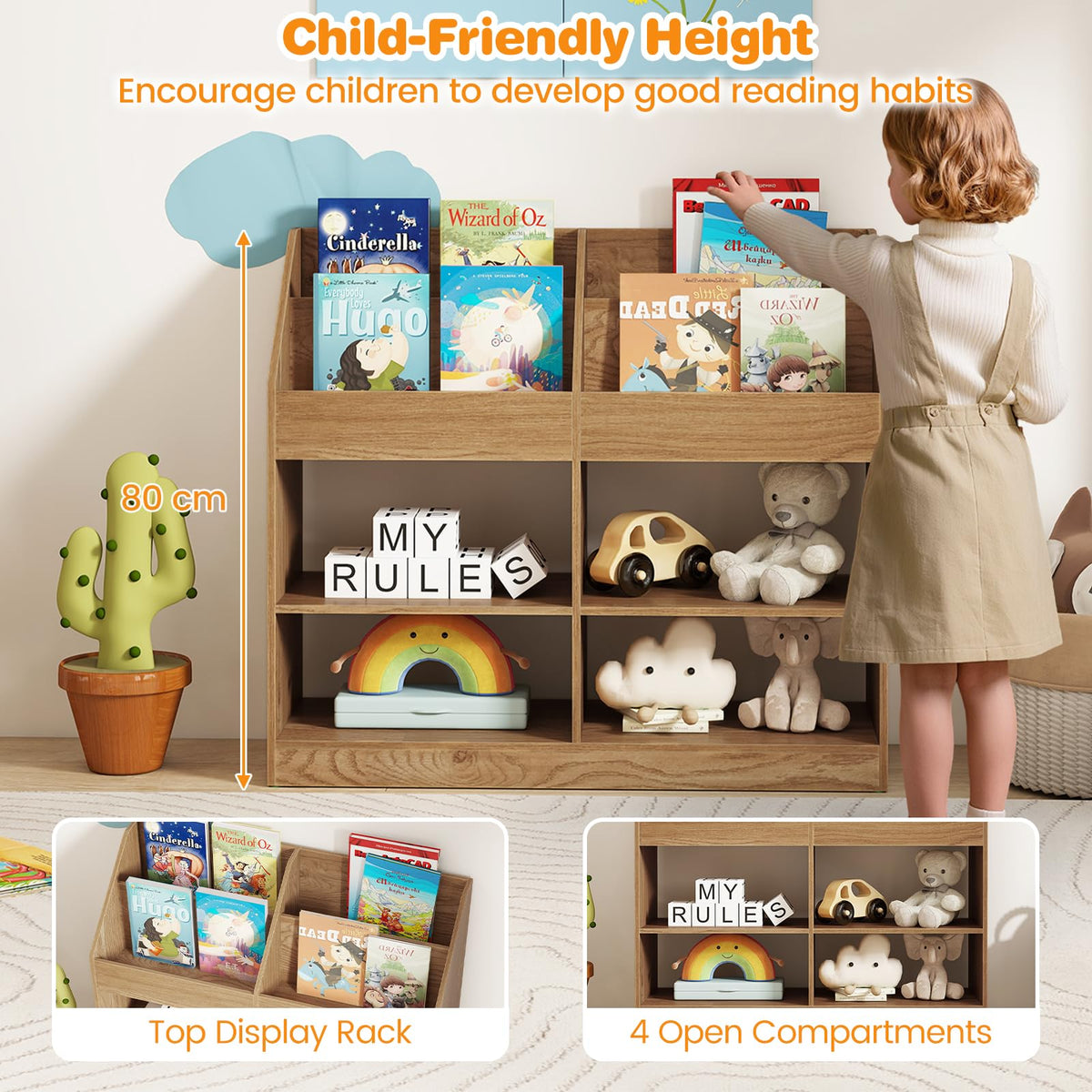 3-Tier Kids Bookshelf, Toy Storage Organizer Shelf w/Display Rack
