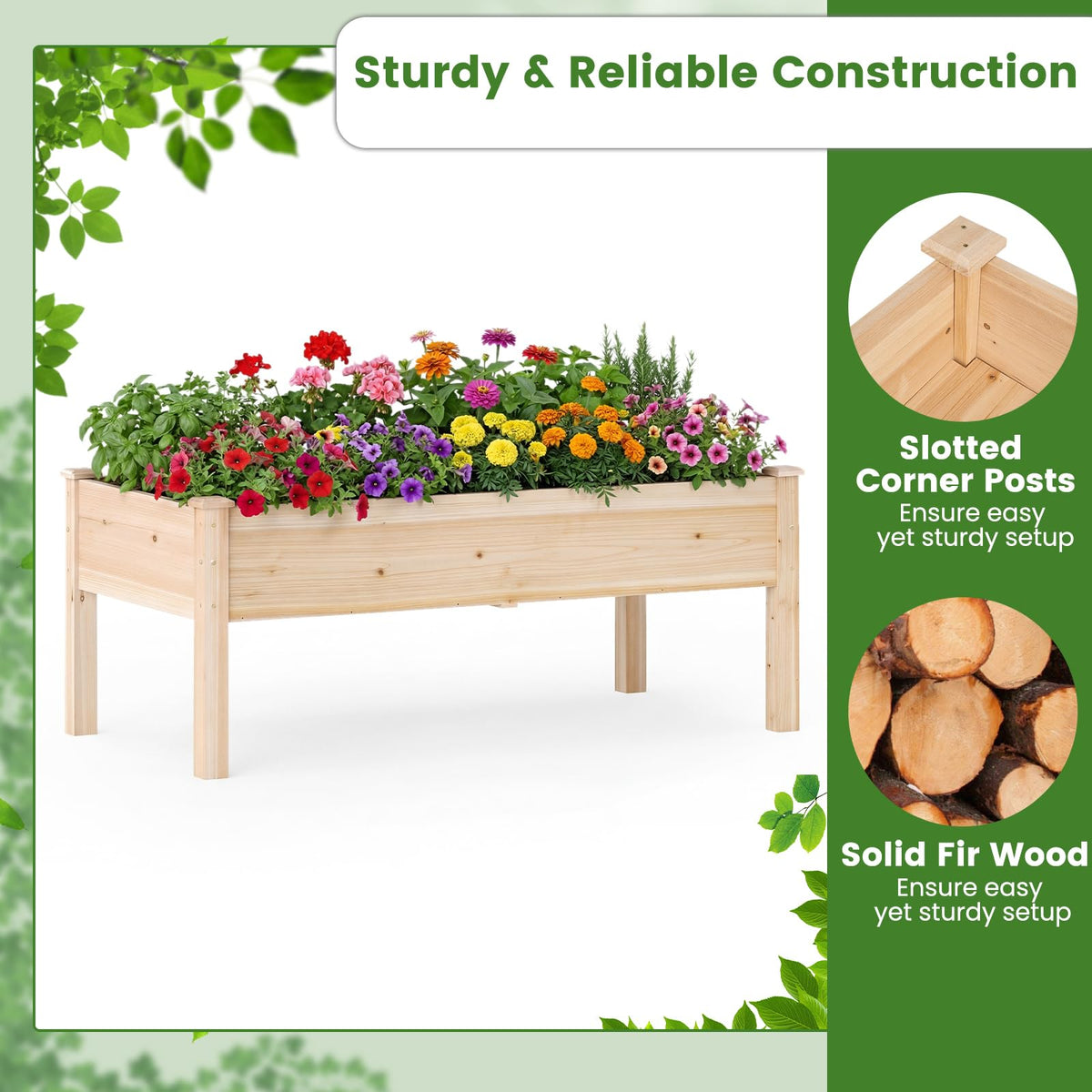 Wooden Raised Garden Bed with Legs, Natural Fir Wood Elevated Planter Box