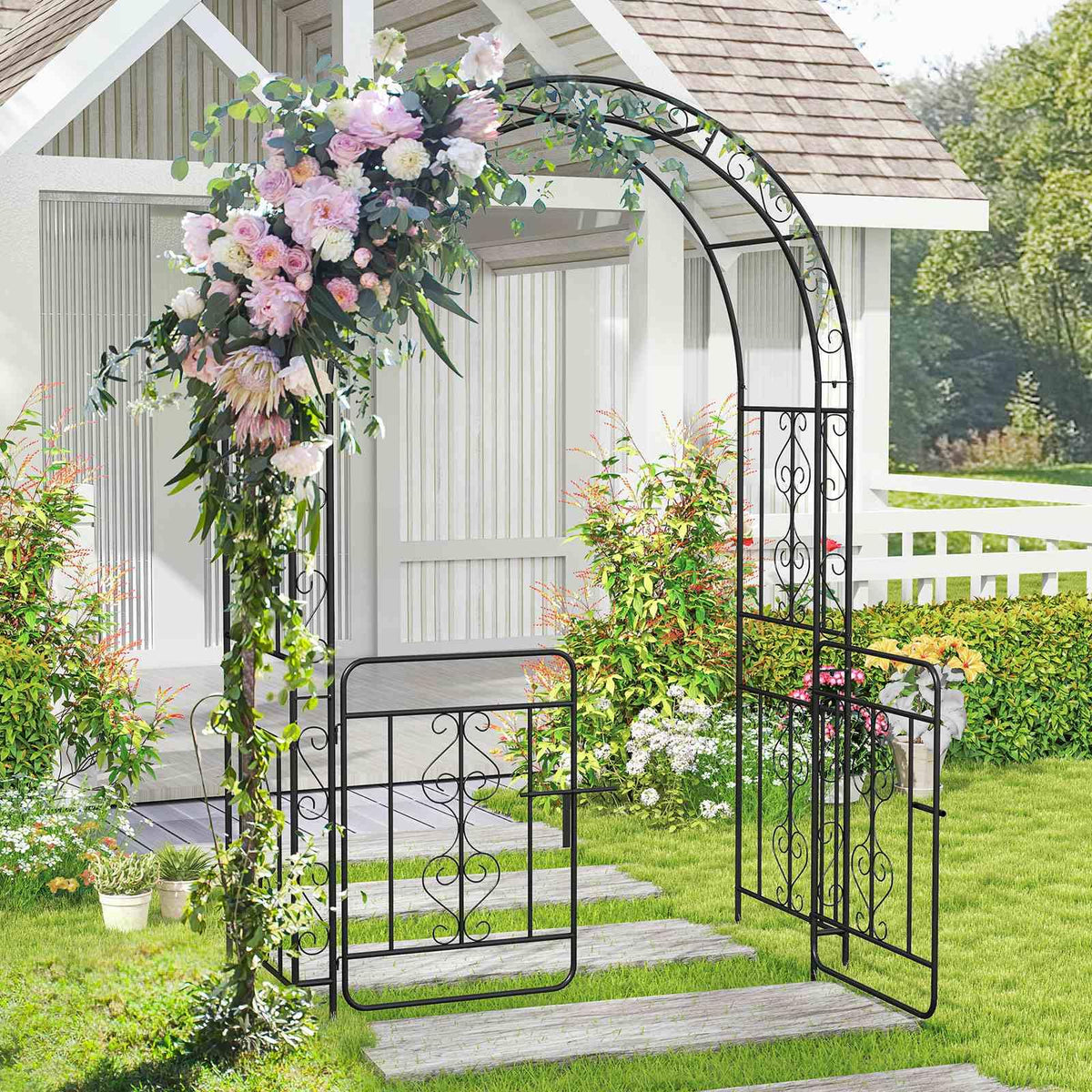 Garden Arbor with Gate, Garden Trellis Pergola w/Multiple Side Crossbars for Decoration