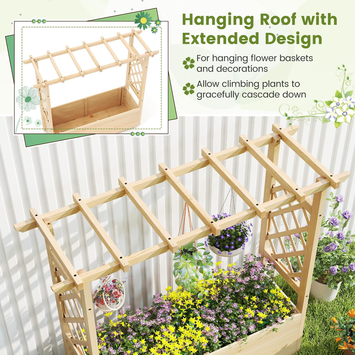 Raised Garden Bed with Trellises, Hanging Roof, Elevated Planter Box