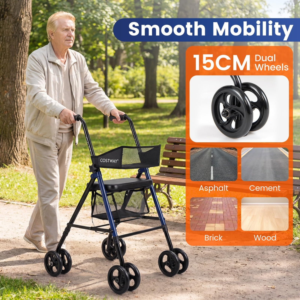 Rollator Walker with Seat, Foldable Mobility Walkers for Seniors w/8-Level Adjustable Handles