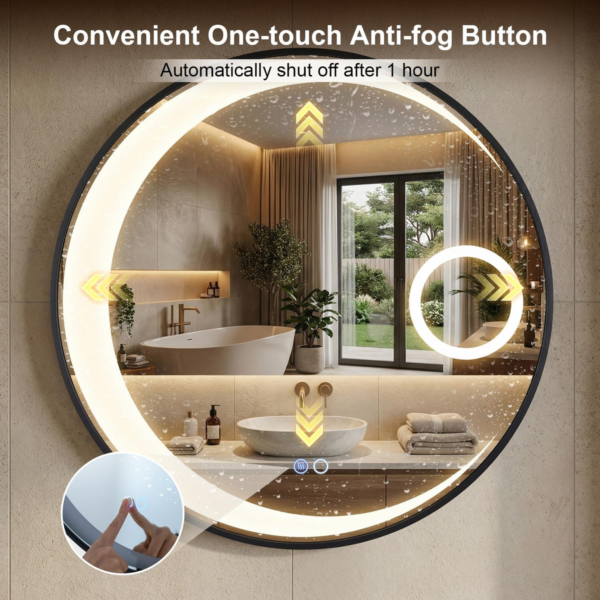 61 cm Round LED Bathroom Mirror with Anti-Fog Function and 3 Light Colors