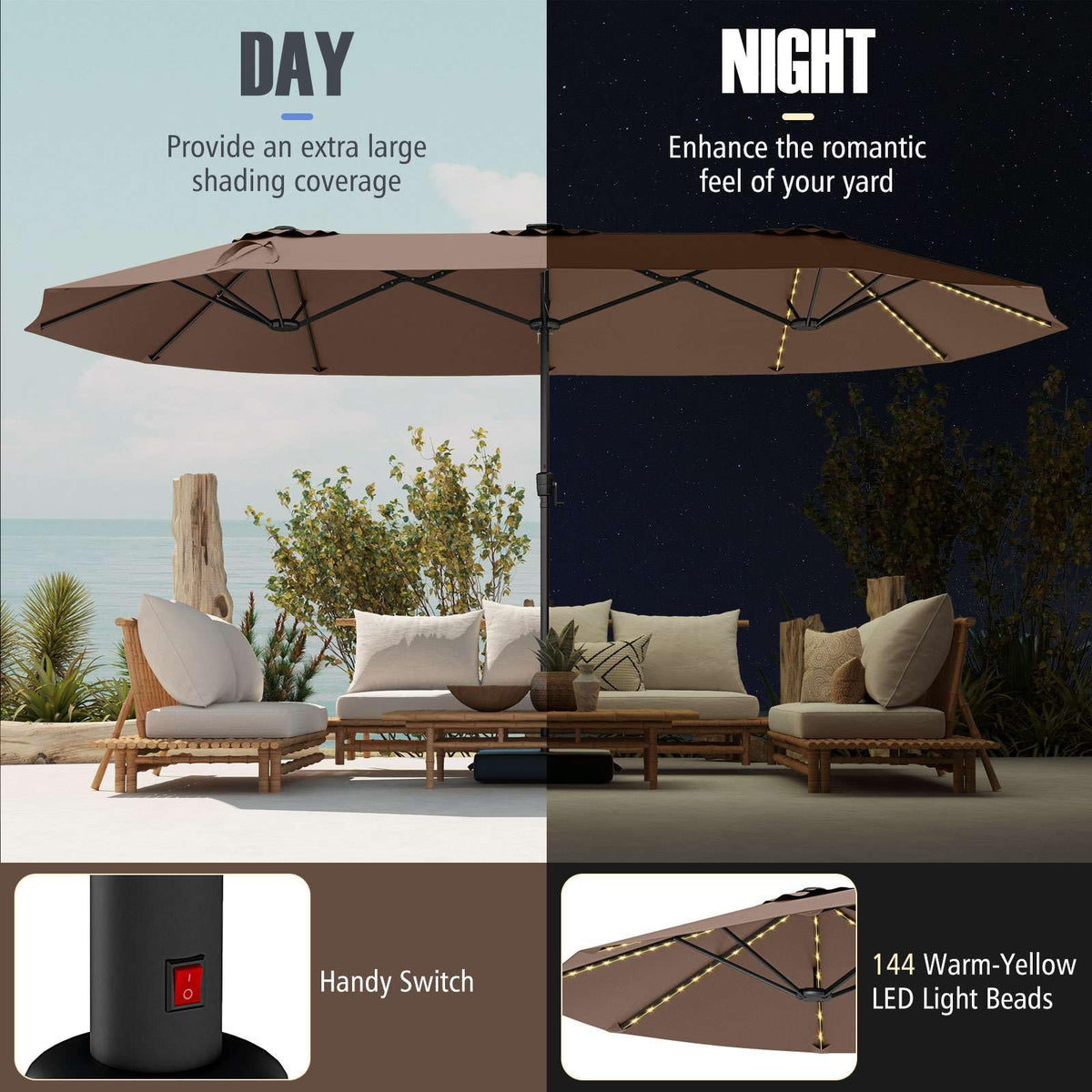 4.7 m Extra-Large Patio Umbrella w/LED Solar Lights