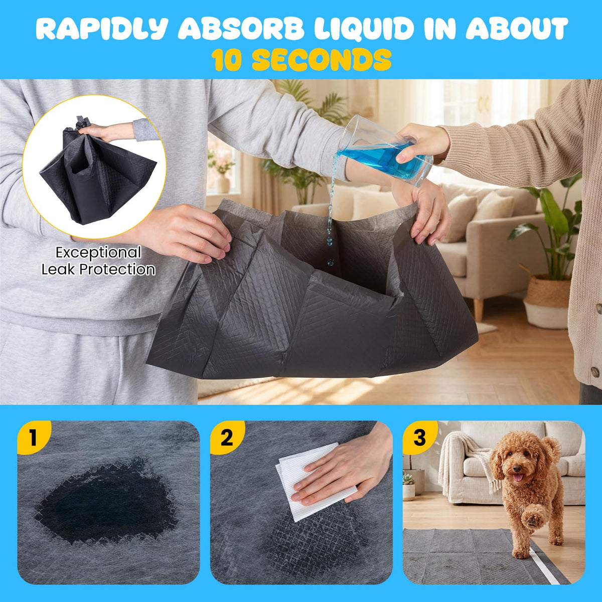 Charcoal Dog Pee Pads, 60 x 60 cm (150 Count) 6-Layer Leak-Proof Pet Potty Training Pads for Dogs