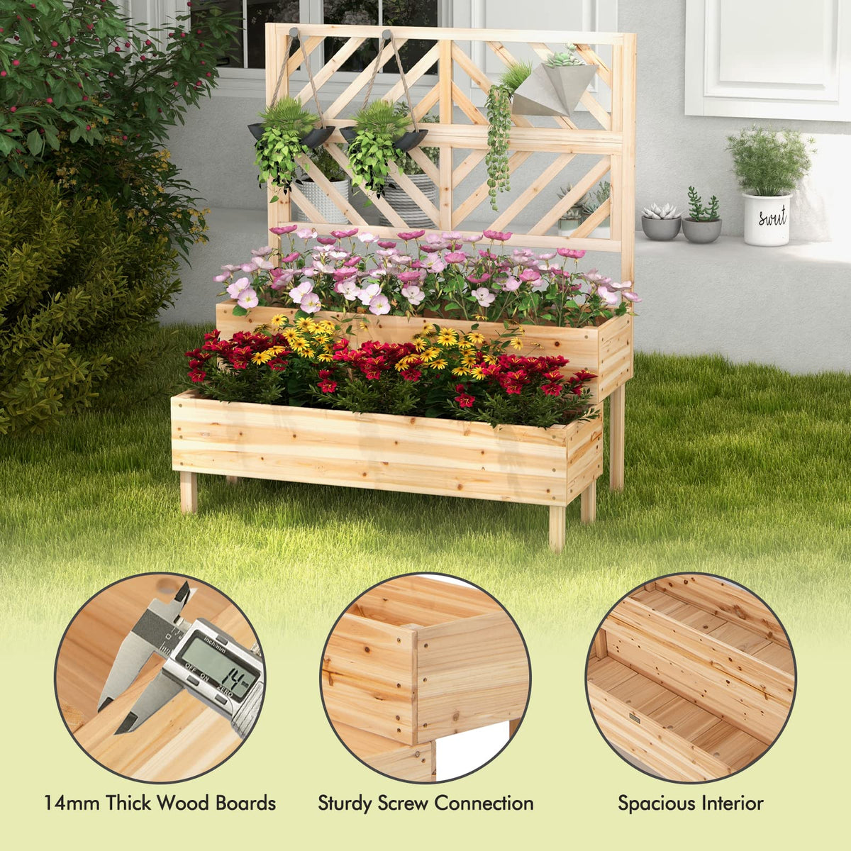 Giantex 2-Tier Raised Garden Bed w/Trellis, Wooden Elevated Planter Box w/Legs