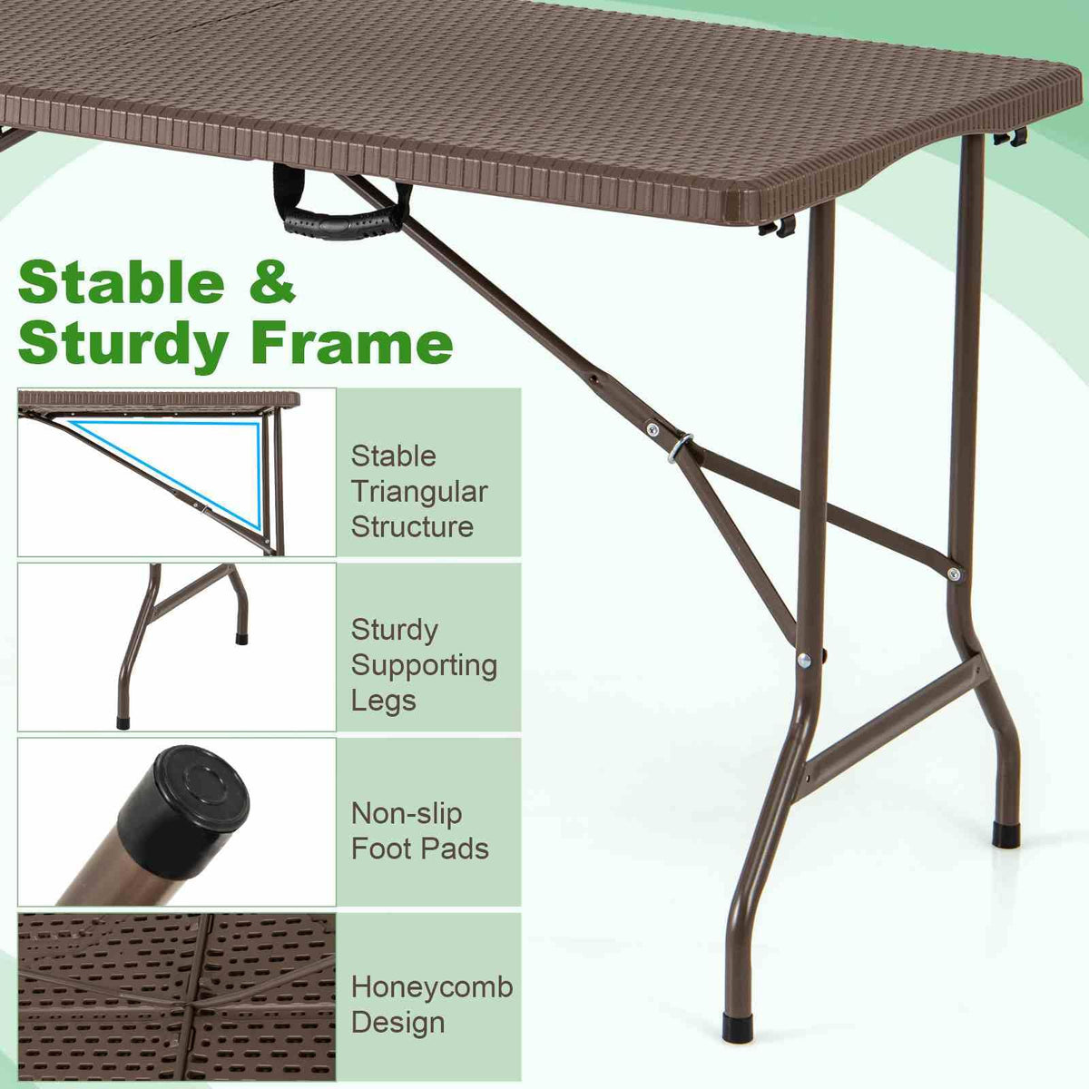 1.5m Folding Picnic Table, Outdoor Dining Table w/Rattan Grain HDPE Tabletop, Sturdy Metal Fame