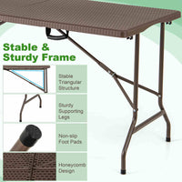 1.5m Folding Picnic Table, Outdoor Dining Table w/Rattan Grain HDPE Tabletop, Sturdy Metal Fame