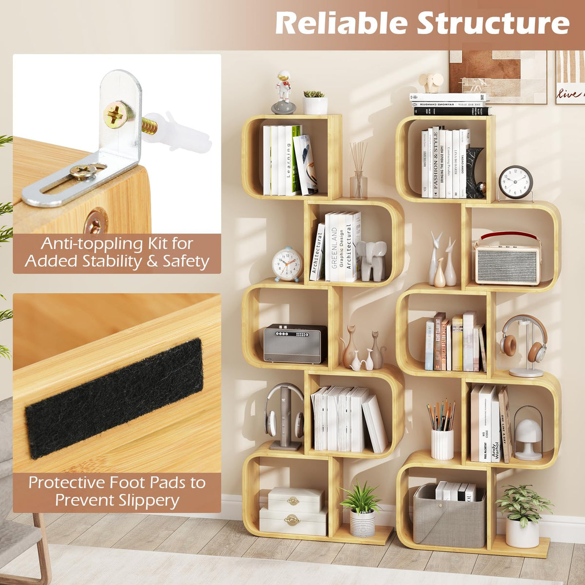 Bamboo Bookshelf with 5 Open Cubes