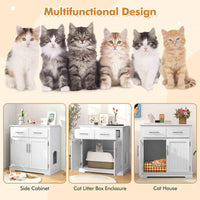 Cat Litter Box Enclosure, Hidden Cat Washroom Side Cabinet Wooden Pet House w/ 2 Drawers