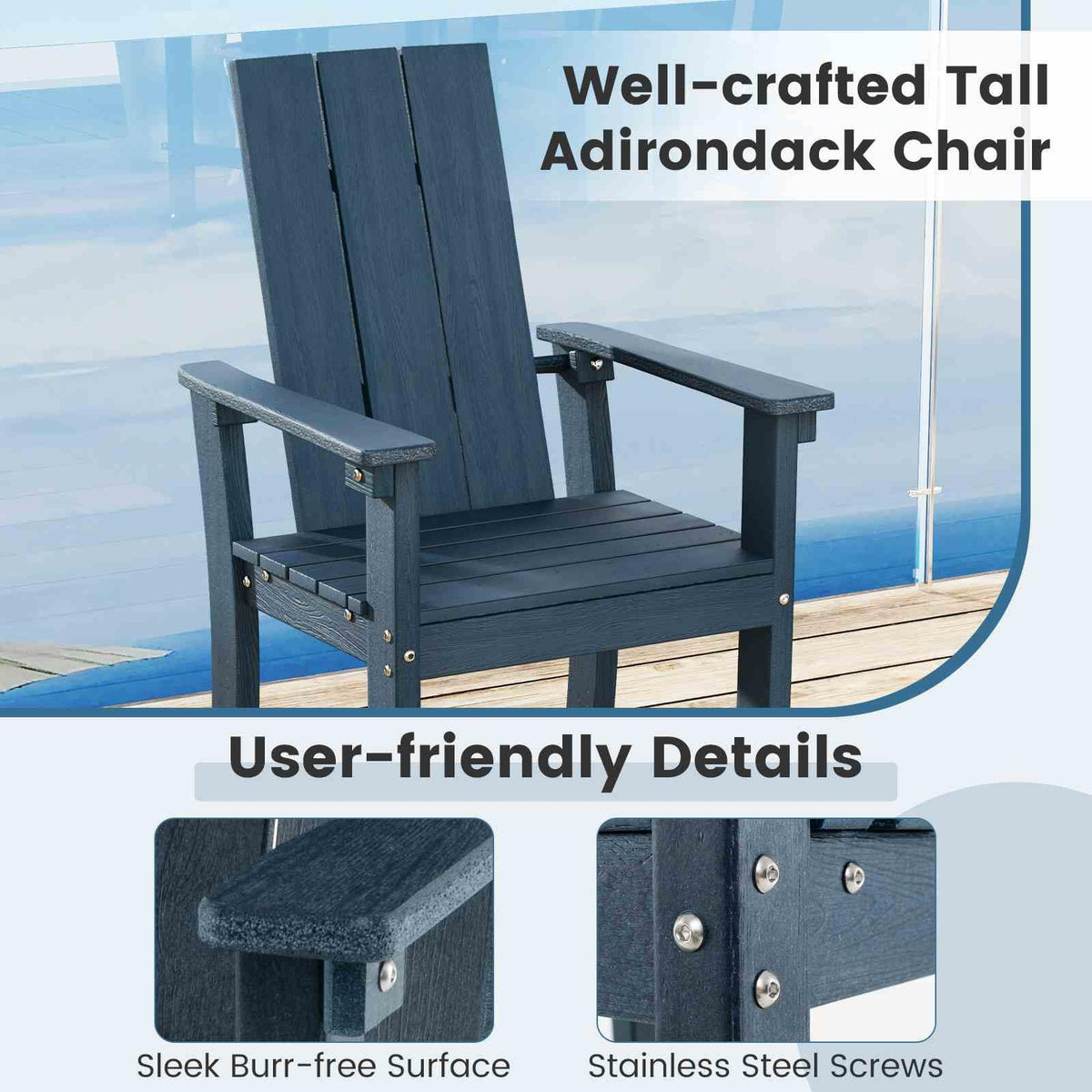 Outdoor Tall Adirondack Chair Bar Stool with Backrest and Footrest