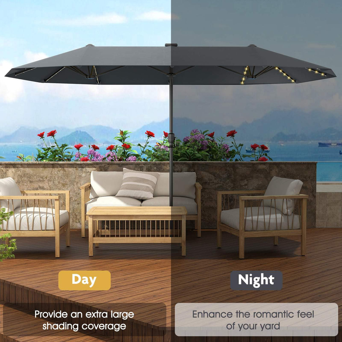 3.9 m Large Patio Umbrella w/LED Solar Lights