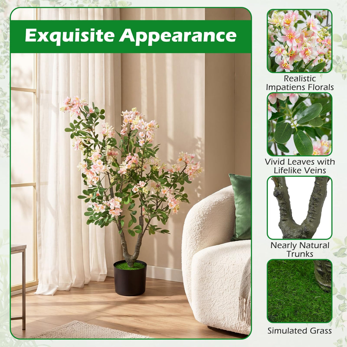 36" Artificial Impatiens Blossom Tree, Faux Pink Floral Plant in Cement-Filled Pot