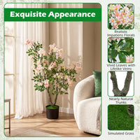 36" Artificial Impatiens Blossom Tree, Faux Pink Floral Plant in Cement-Filled Pot