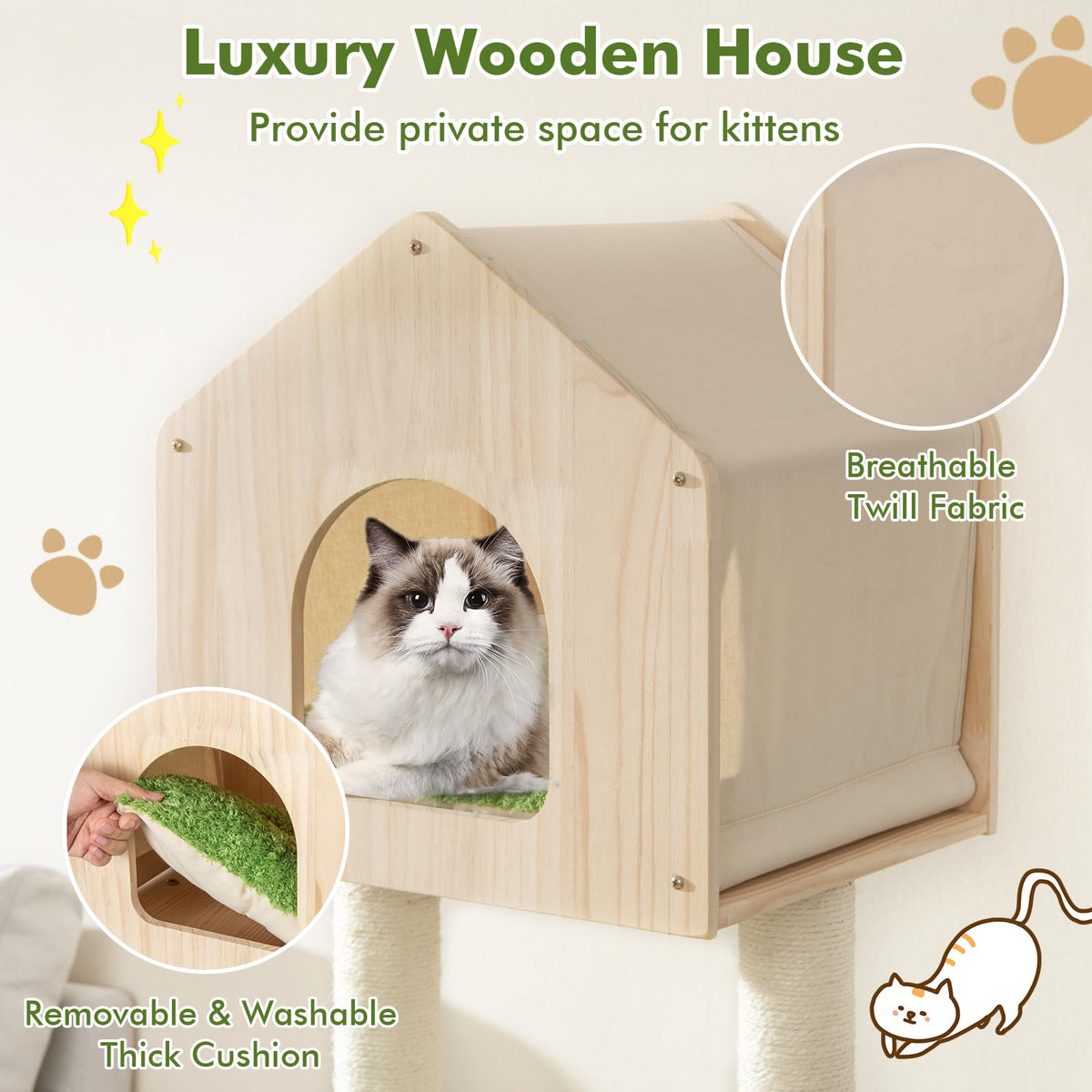 1.4M Cute Cat Tree for Indoor Cats, Multi-Level Wood Cat Tower w/Sisal Scratching Posts