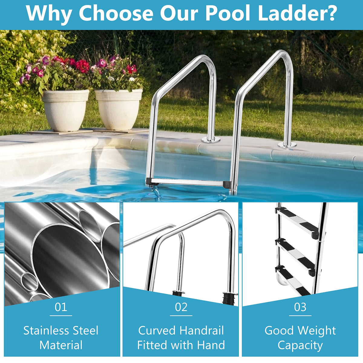 3-Step Split Stainless Steel Pool Ladder, Heavy Duty Steel Ladder for In Ground Pools