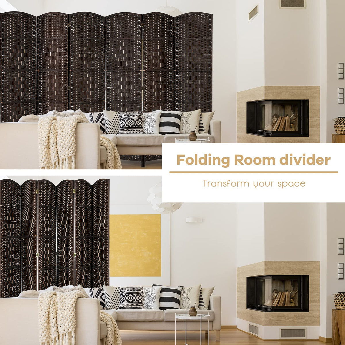 6-Panel Screen Room Divider, 6Ft Folding Privacy Screen w/Hand-woven Rattan