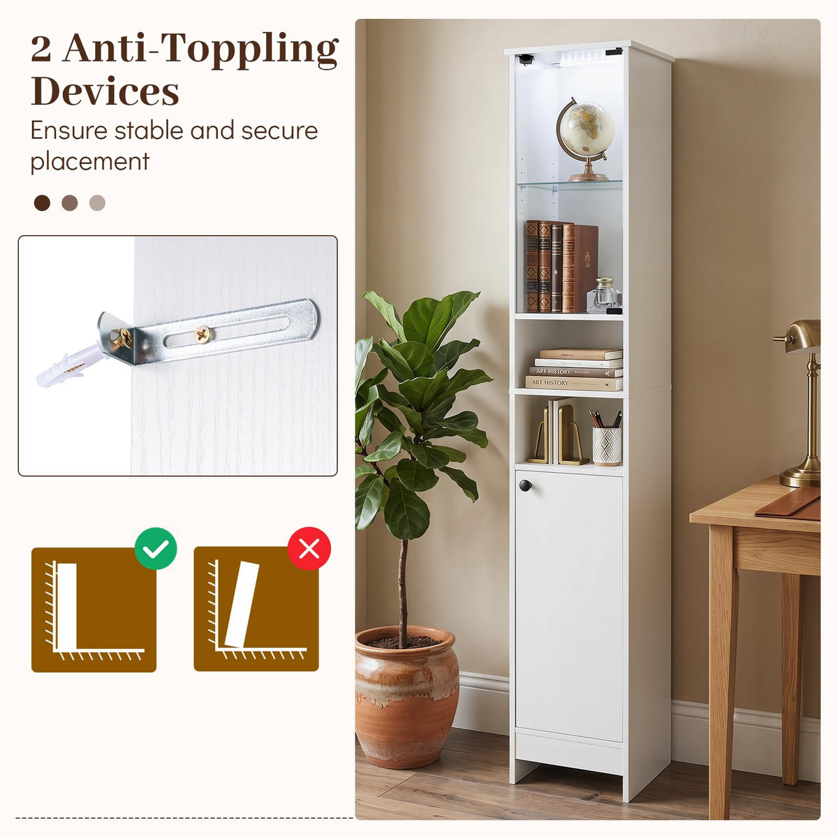 Tall Bathroom Cabinet with Lights & Press-to-Open Door