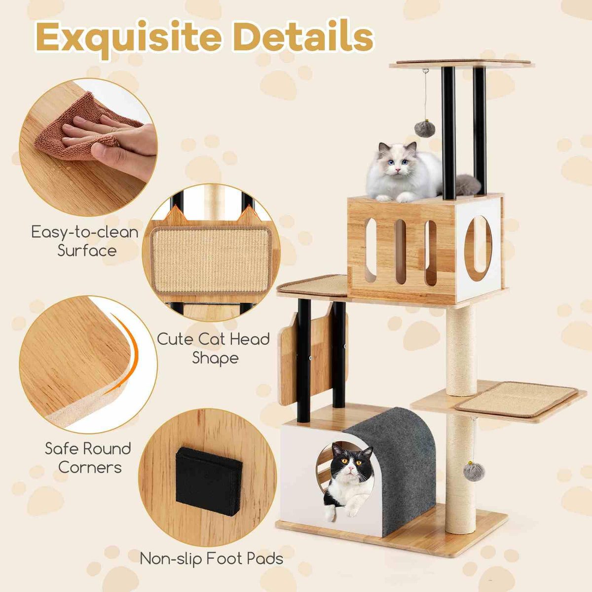 Wood Cat Tree Modern Multi-level Cat Tower w/Double Condos & Sisal Posts Indoor