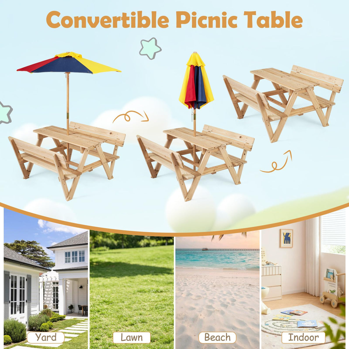 Kids Picnic Table, Toddlers' Outdoor Table w/ 2 Built-in Benches