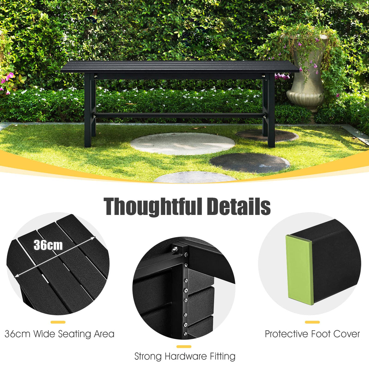 2-Person HDPE Outdoor Bench Garden Seating Iron Frame Dining Chair