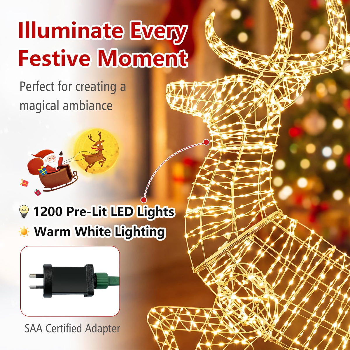 Lighted Mid-Leap Christmas Reindeer with 1200 Warm White LED Lights for Yard Lawn