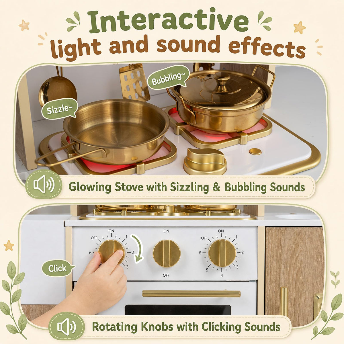 Wooden Play Kitchen with Lights & Sounds and Ice Maker Stove Sink for Toddlers Ages 3+