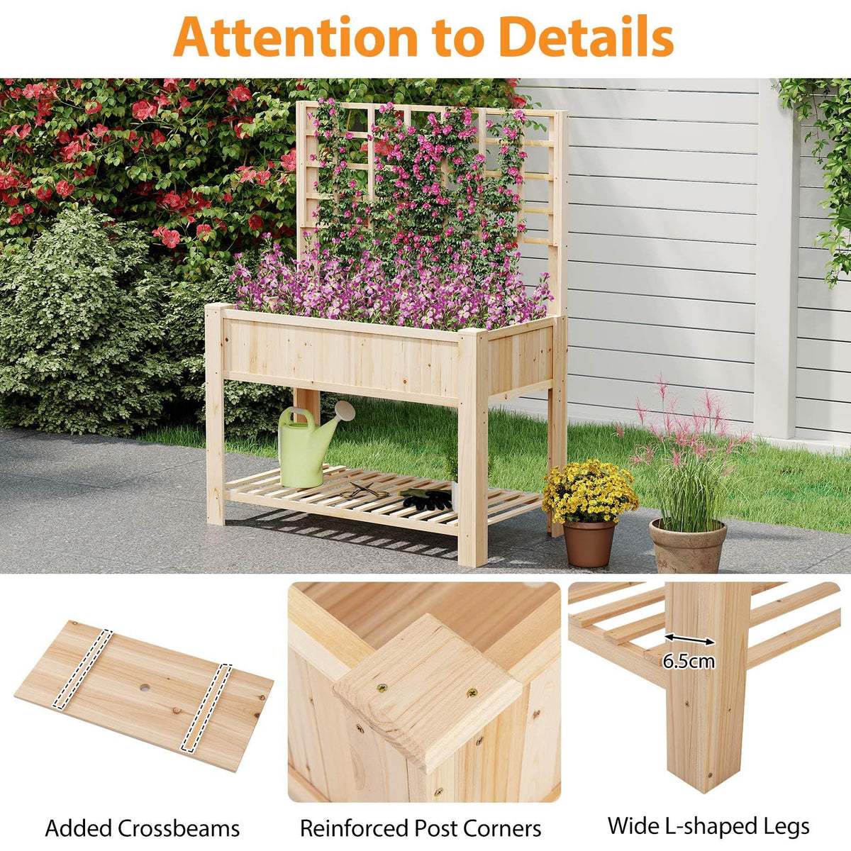 Raised Garden Bed with Trellis, Wooden Elevated Planter Box with Legs