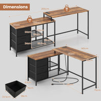 Giantex L-Shaped Computer Desk with Power Outlet, Convertible Corner Desk with 3 Fabric Drawers & Metal Mesh Shelves