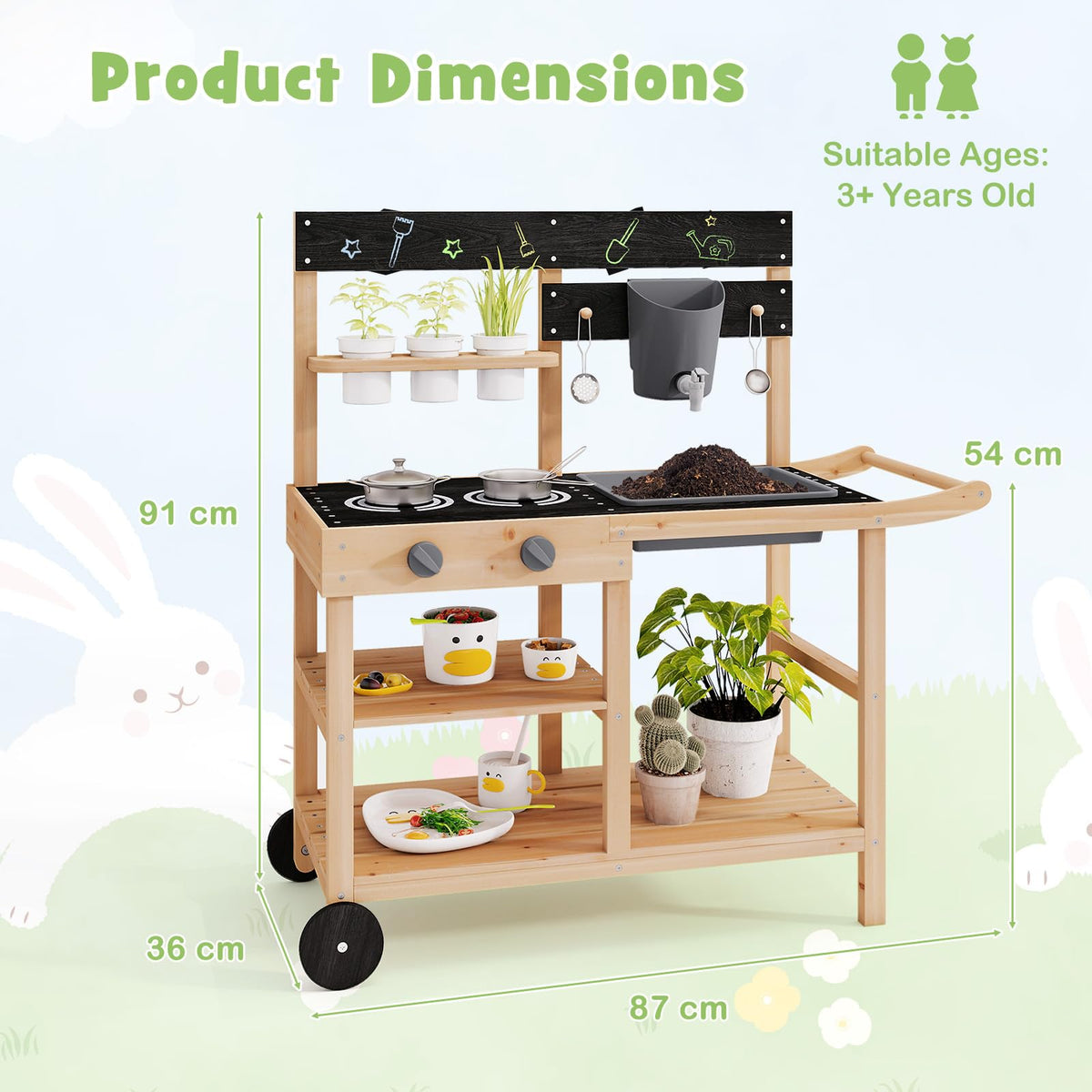 Outdoor Fir Wood Play Kitchen w/Blackboard, Planting Pots, Sink