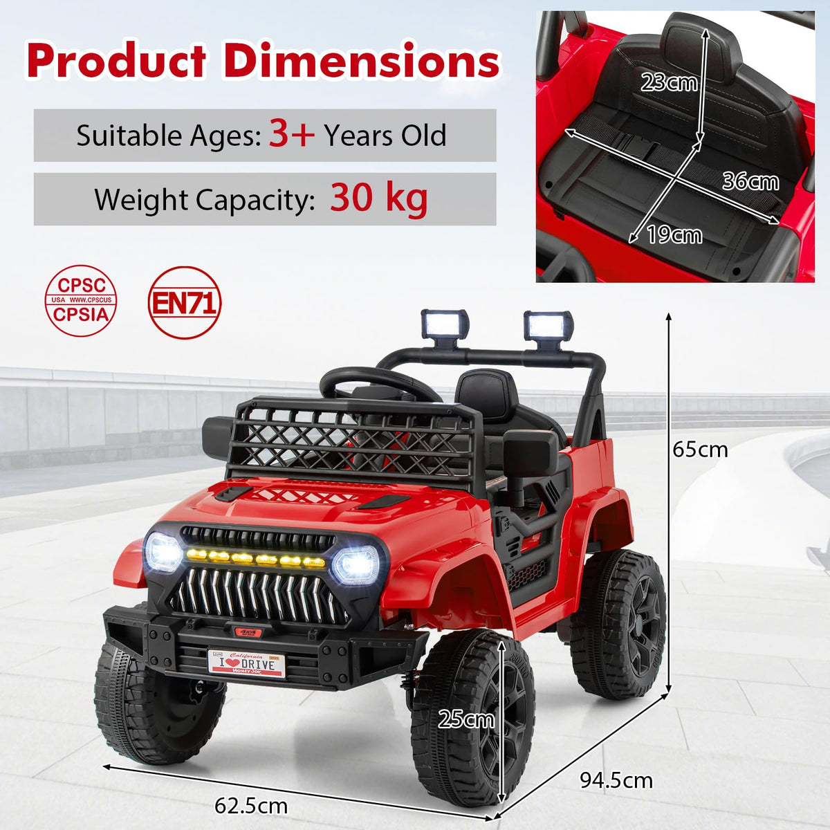 12V Kids Ride on Truck Car Jeep with Parental Remote LED Lights and Dual Motor