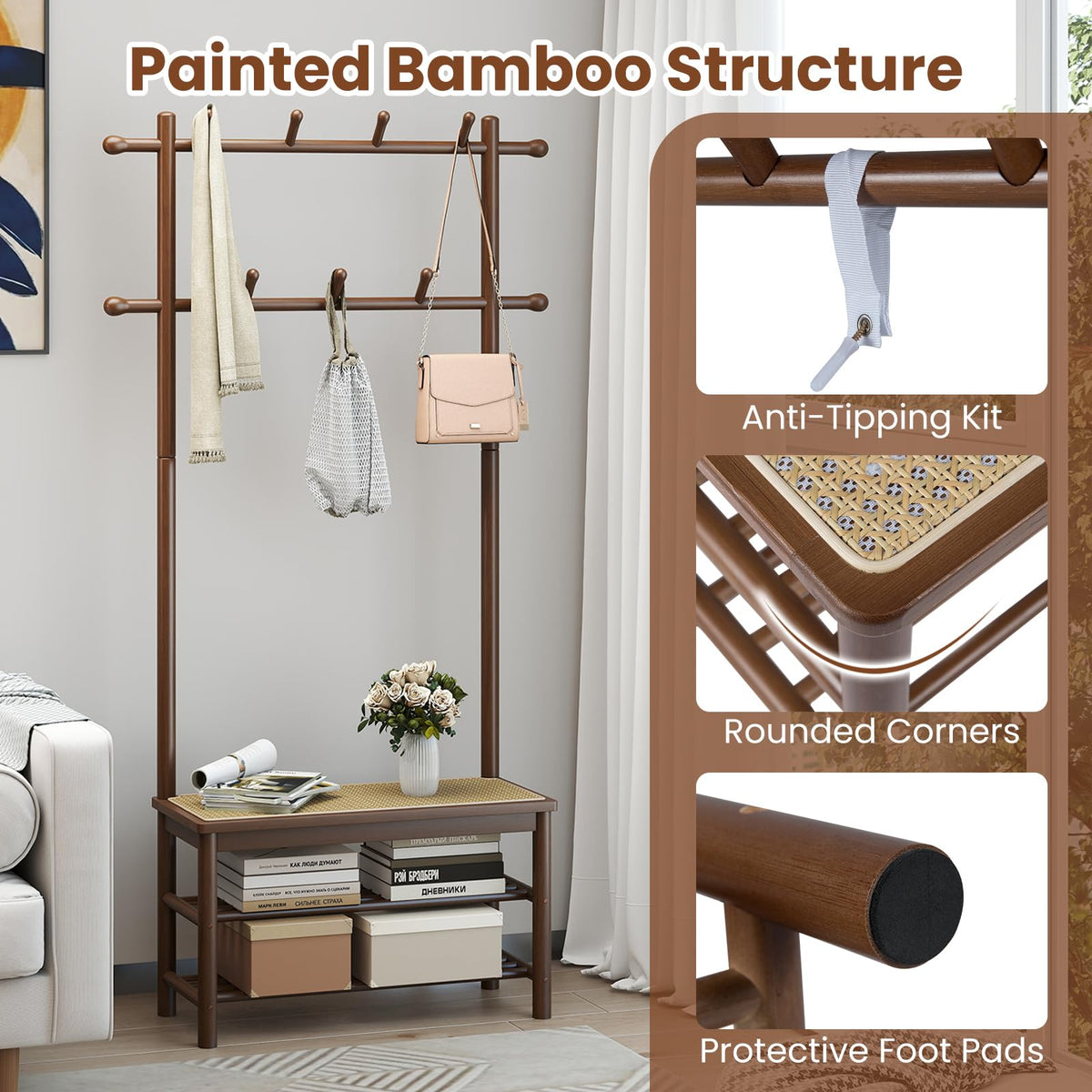 3-in-1 Hall Tree with 11 Hooks Hanging Rods and Shelves for Home