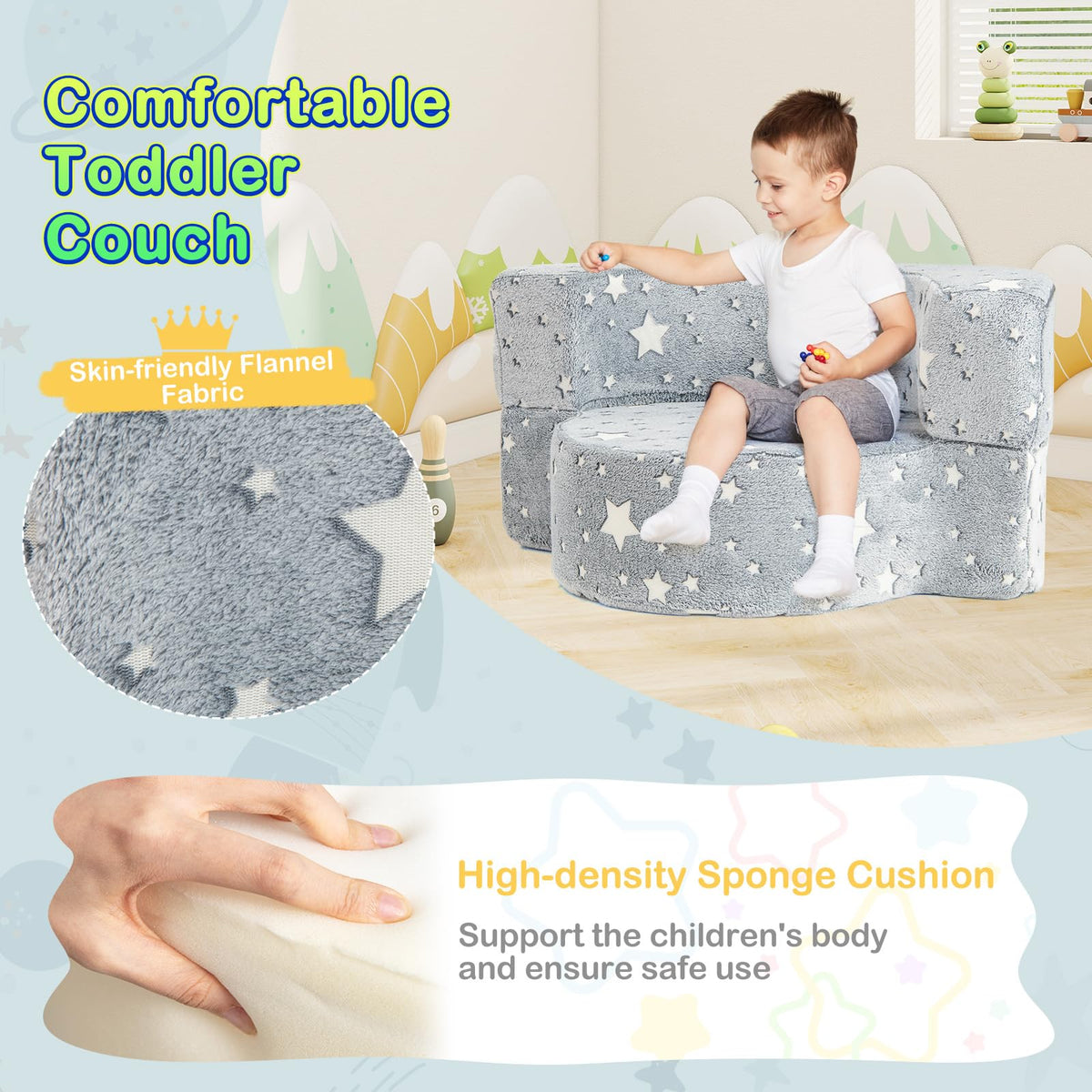2-in-1 Toddler Chair Glow in the Dark Kids Couch with Removable and Washable Cover