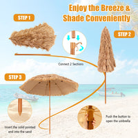 8 FT Thatched Tiki Umbrella, Hawaiian Style Outdoor Hula Umbrella w/8 Metal Ribs