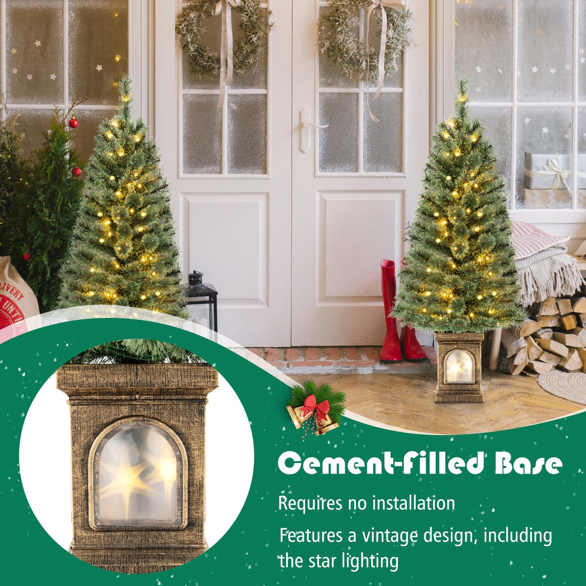 125CM Christmas Entrance Tree Potted with Pine Needles and Cement-Filled Base