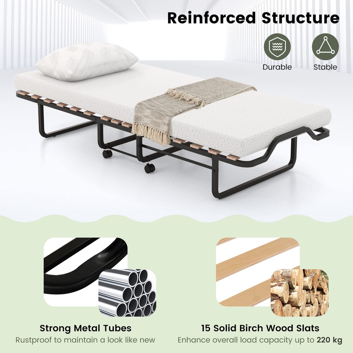 Folding Bed with Mattress, Roll Away Guest Bed for Adult