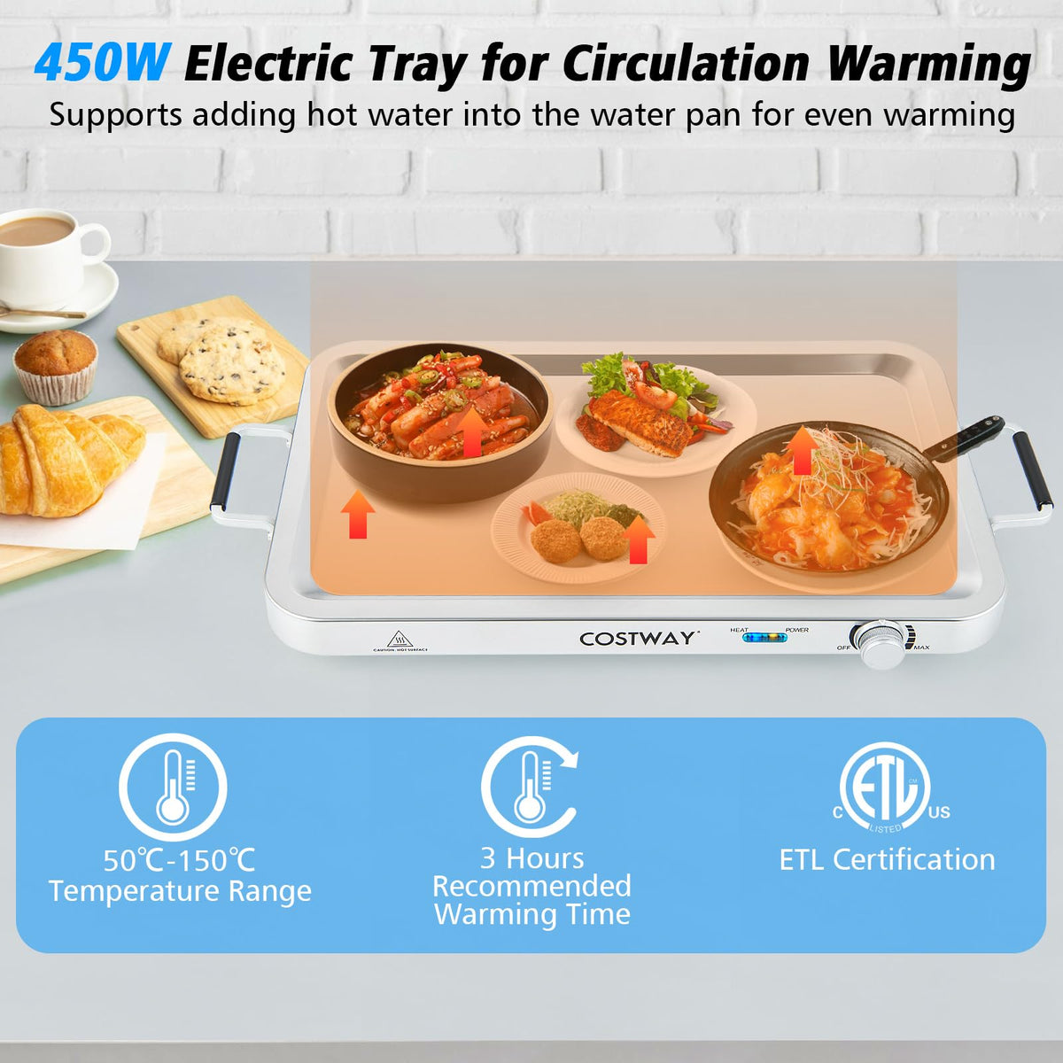 Food Warmer Buffet Server, 450W Stainless Steel Electric Warming Tray