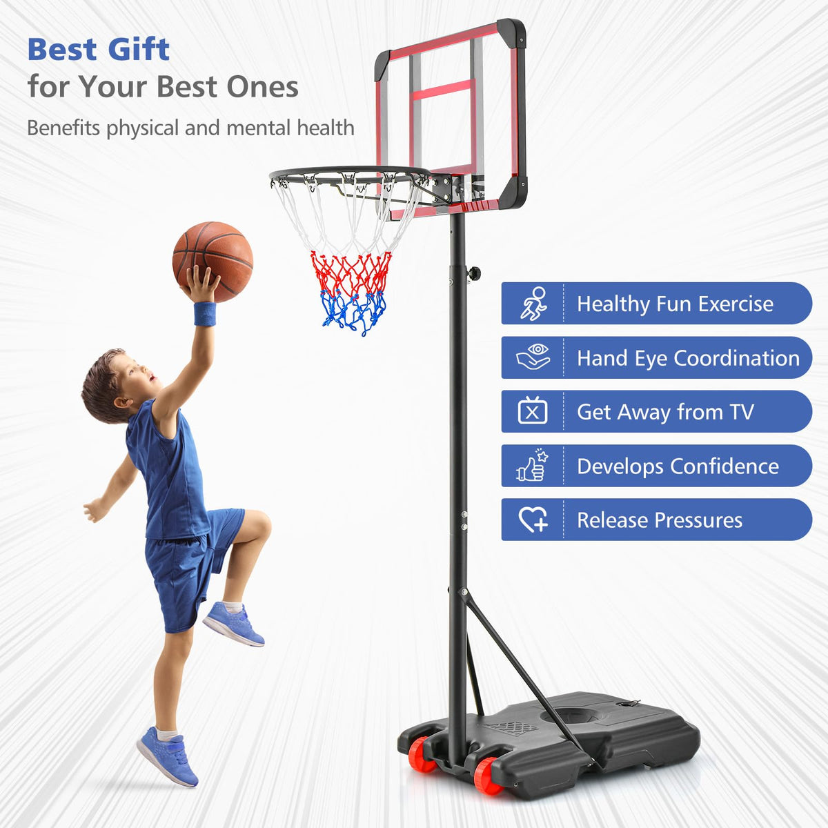 Basketball Hoop Stand, Adjustable Basketball Hoop w/ 193-248cm Height Adjustment