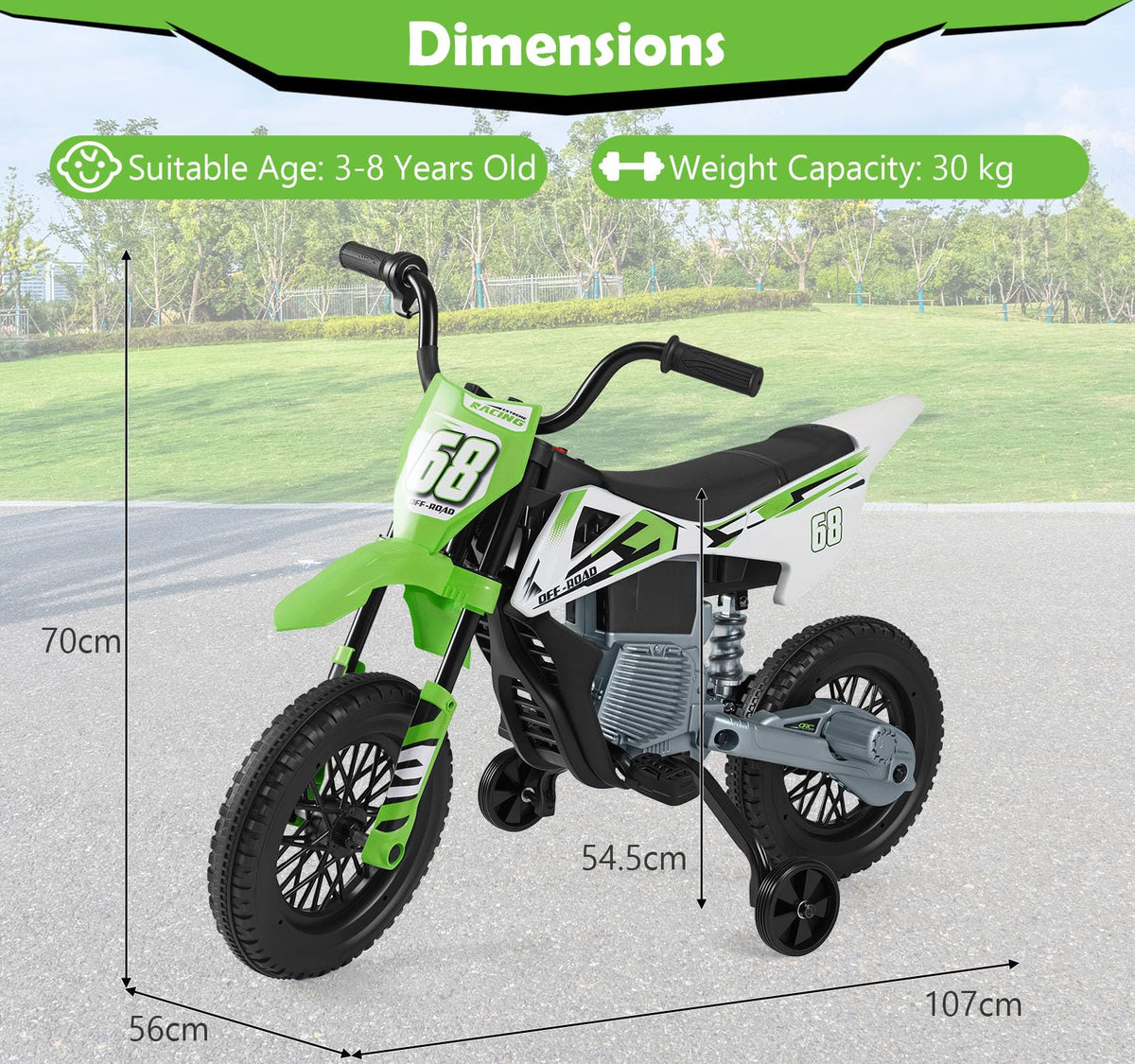 12V Kids Motorcycle with Training Wheels and Spring Suspension
