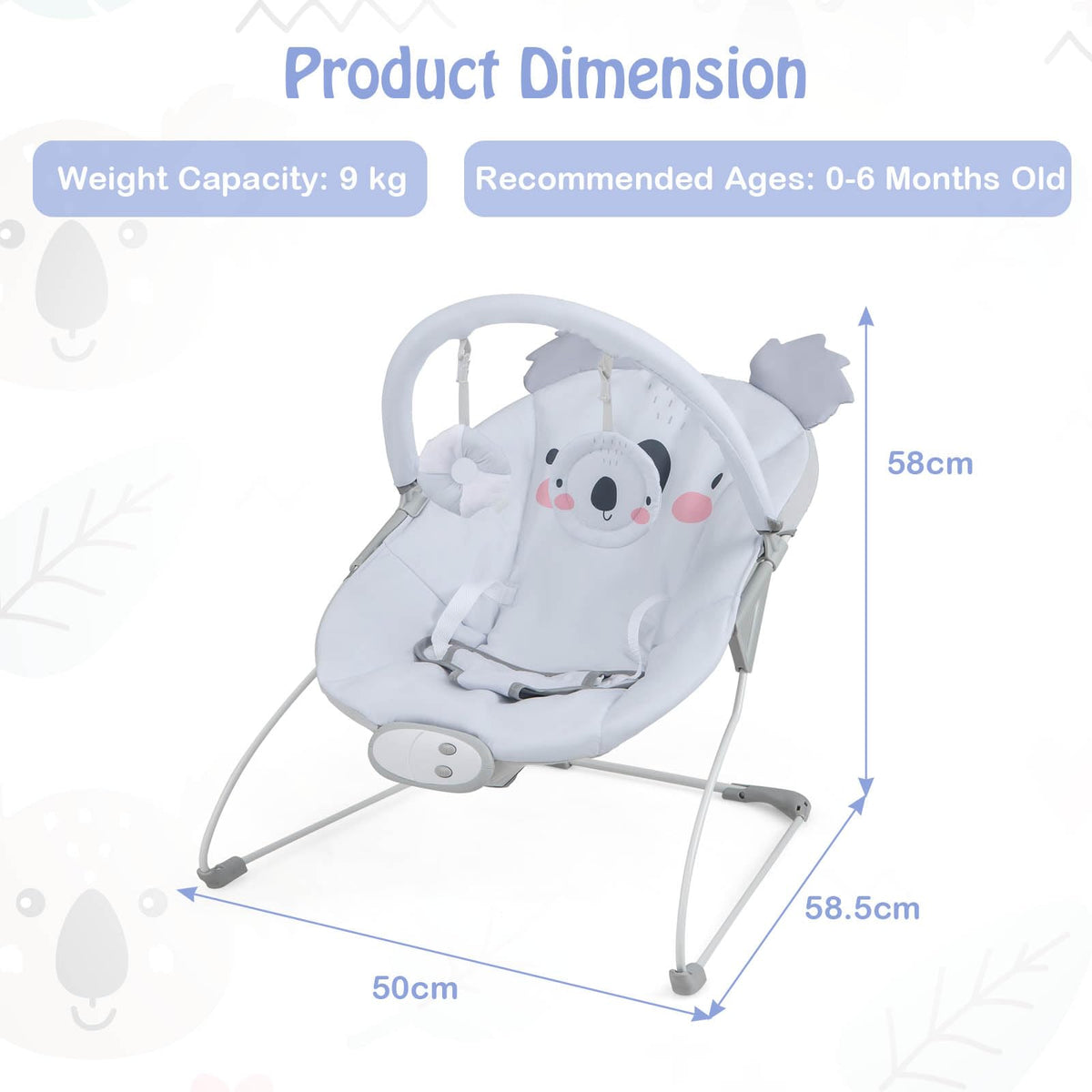 Portable Baby Bouncer, Infant Rocker Seat w/Detachable Toy Bar, Machine Washable Cover, Music & Vibration