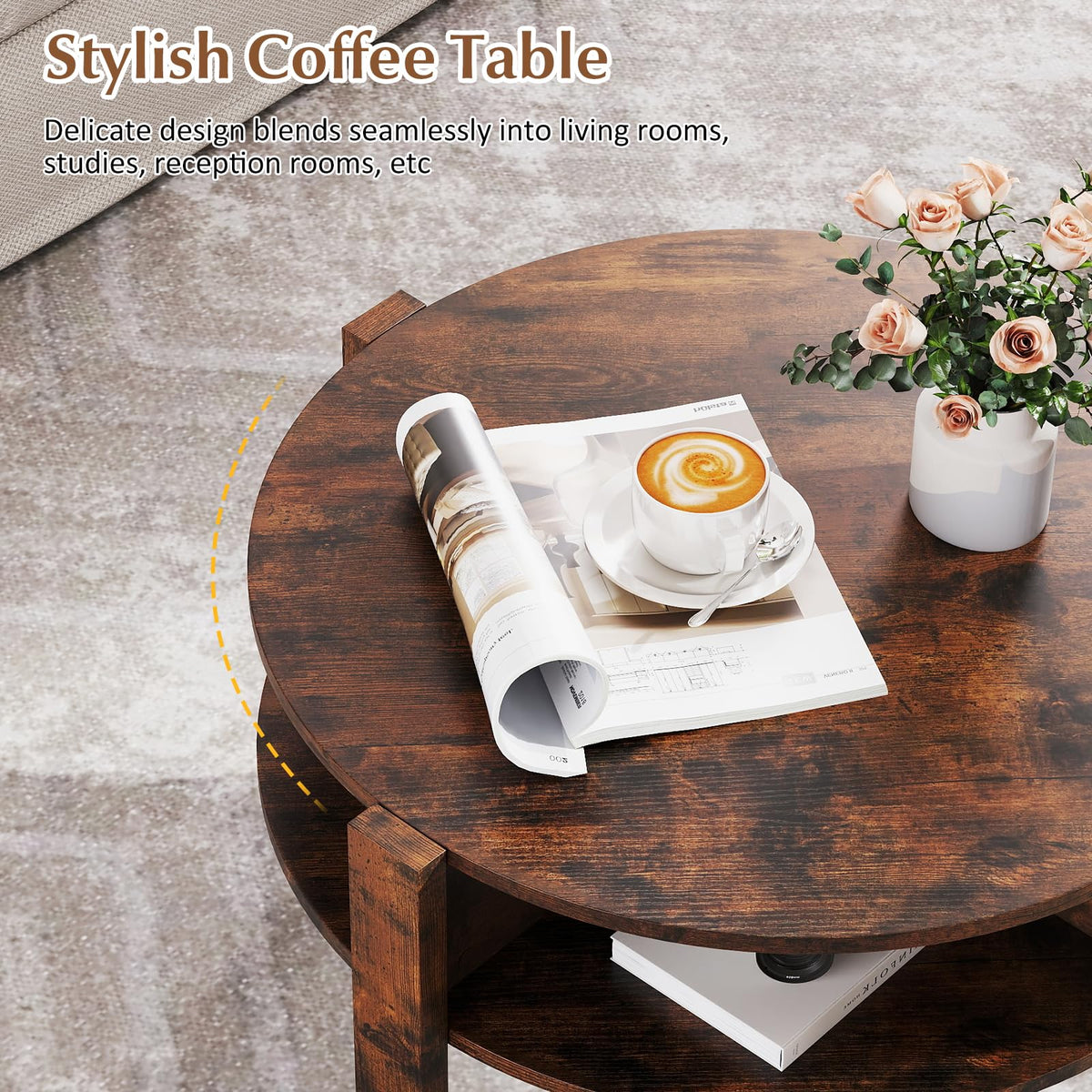 2-Tier Round Coffee Table w/Storage, 75 cm Tea Cocktail Table w/ 4 Shelves