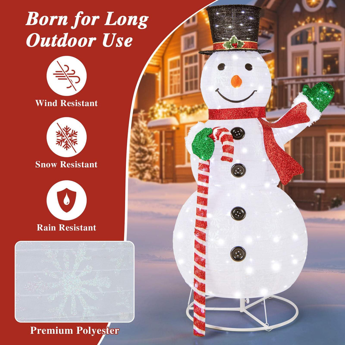 150 cm Lighted Pop-up Snowman, Large White Pre-lit Christmas Decoration w/ 180 LED Lights