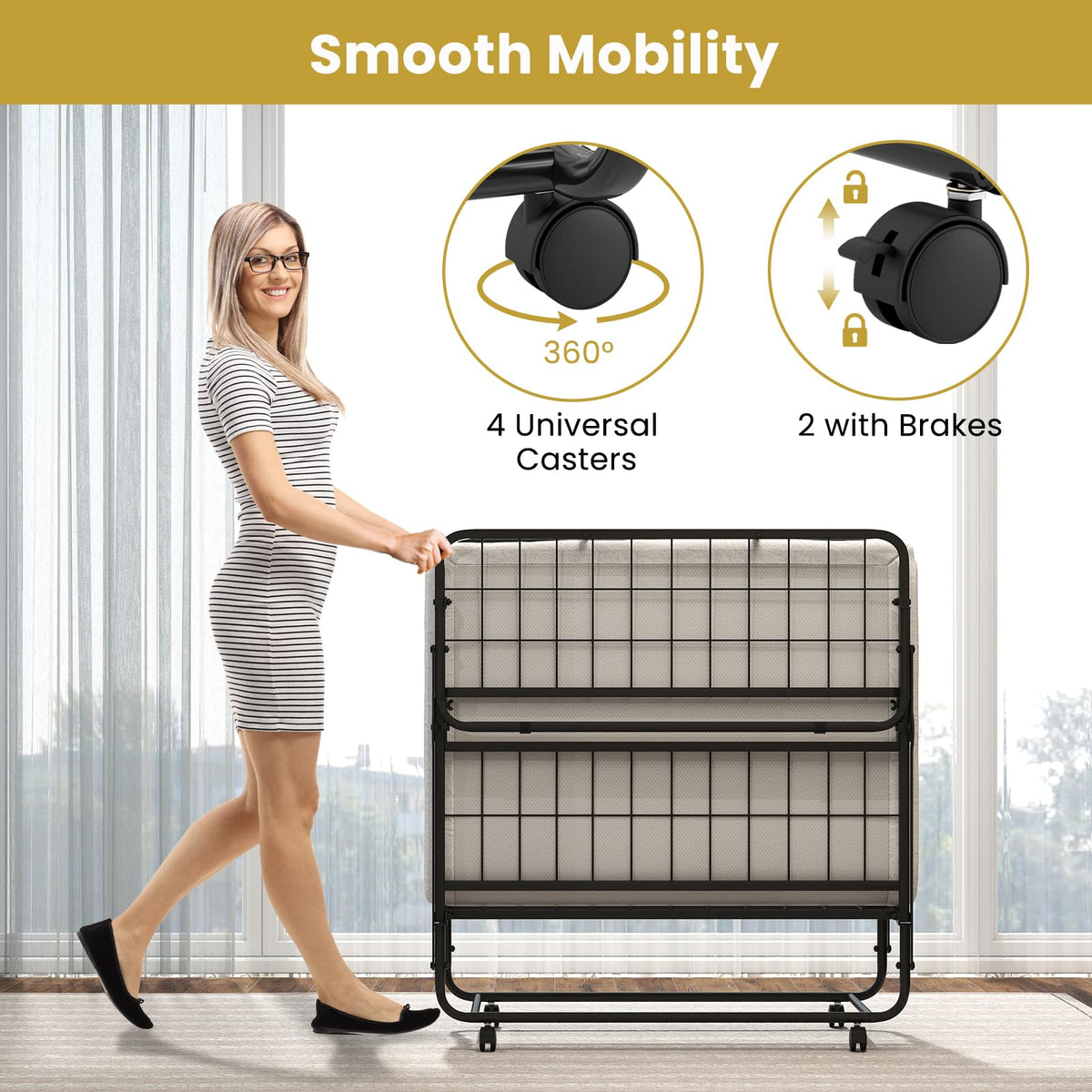 Twin Size Folding Bed, Rollaway Guest Bed with Memory Foam Mattress